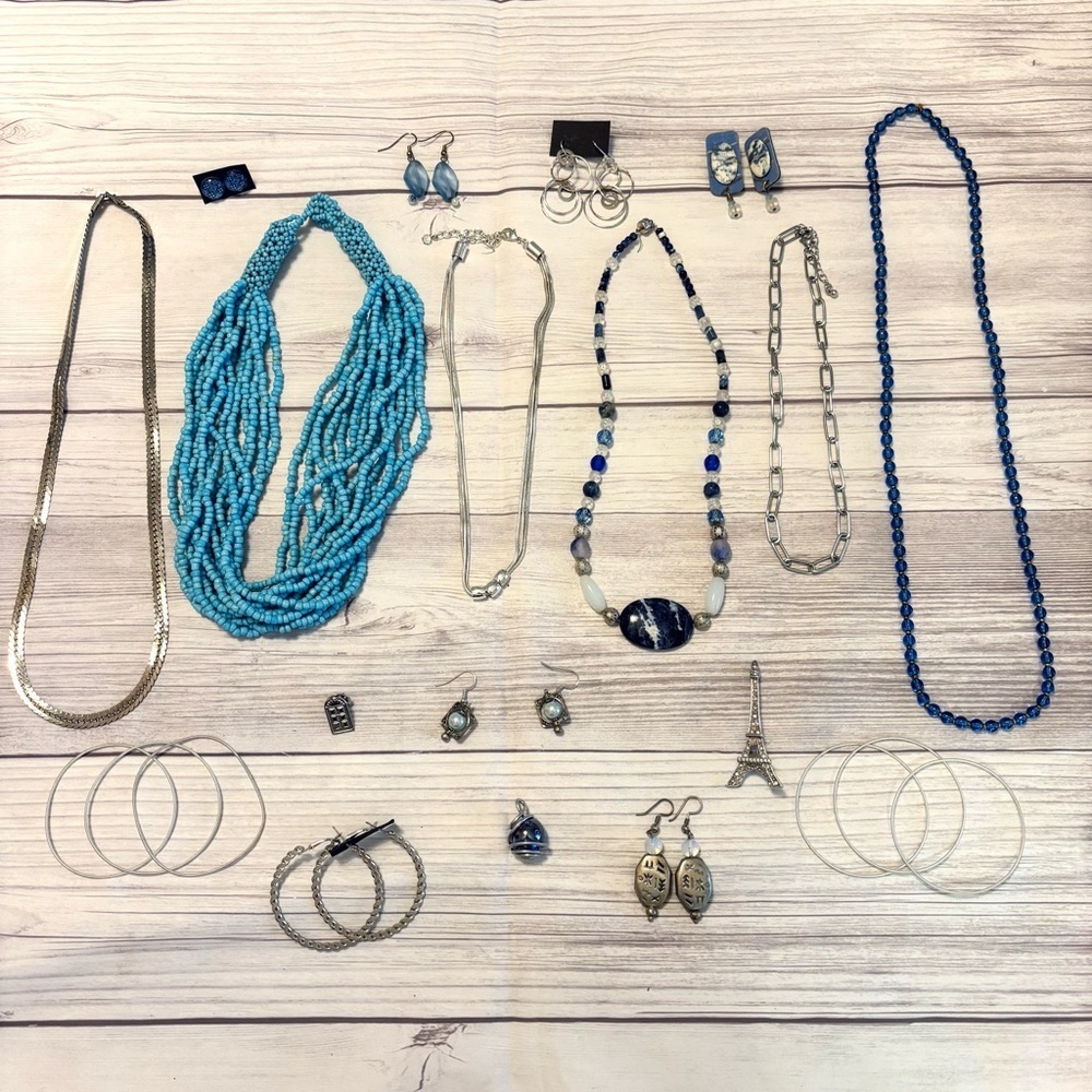 Blue and Silver Tone Jewelry Lot of 22 Necklaces Earrings Bracelets Brooch Pin